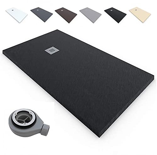 EstiloBaño® TERRA Plato de Ducha RESINA Extraplano Antideslizante TEXTURA PIZARRA - Negro Ral-9005 - 90x90 cm - Incluye Válvula y Rejilla