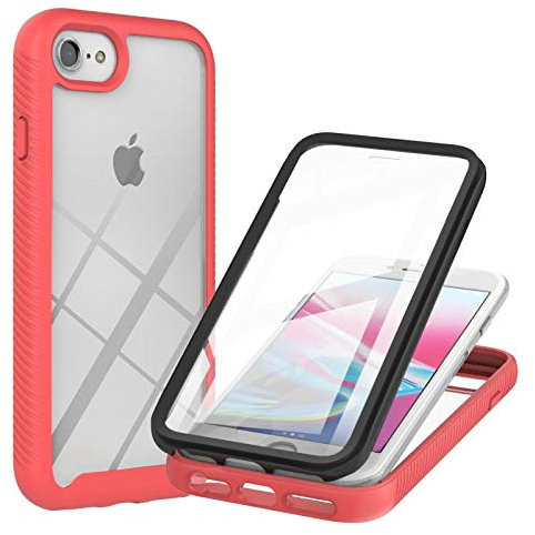 iPhone SE 2022 Case with Built-in Screen Protector, Full Protective Cover, Anti-Scratch, Shockproof, Transparent Clear Silicone Bumper, Red