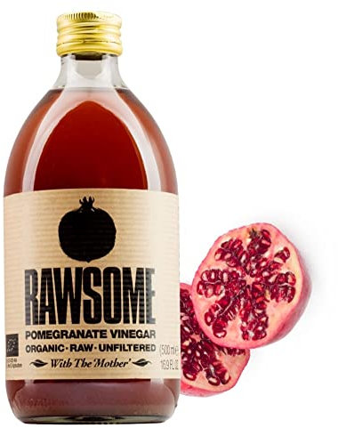 Rawsome Vinegars - Vinagre de Granada con la Madre 100% Natural. Vinagre Ecológico Puro Sin Filtrar, Vegano y Vegetariano. Sabor Fresco. Botella de Vidrio 500 ml
