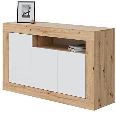 Habitdesign Modèle Baltik Buffet 3 portes pour salon, armoire d'appoint, finition blanche « Artik » et chêne « Nodi », dimensions : 144 x 87 x 42 cm (l x H x P).