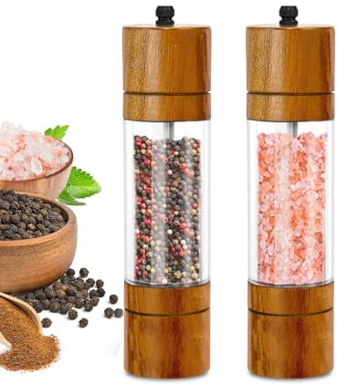 New Updated Wooden Pepper Mill ShakerSalt and Pepper Grinder Set of 2,Haomacro Modern Oak Wood Salt Mill Pepper Grinder Set Refillable with Adjustable Ceramic Rotor (Vintage Brown)
