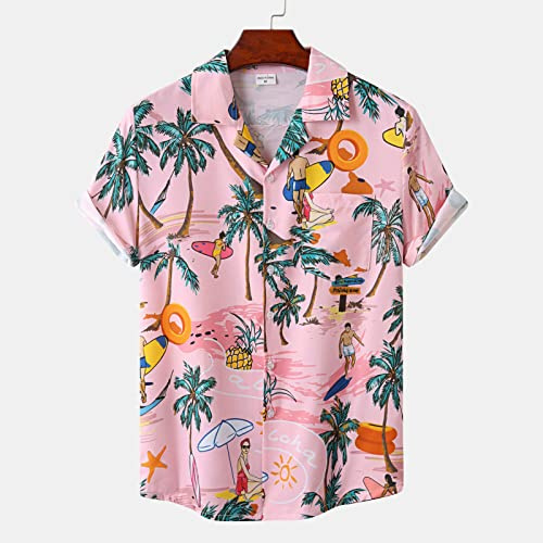 HGJH Chemise Homme, Chemises en Lin Décontractées pour Hommes Chemise Hawaïenne Rose Imprimé Arbre De Noix De Coco Col De Costume Chemises À Manches Courtes De Style Ethnique pour Hommes Beach,L