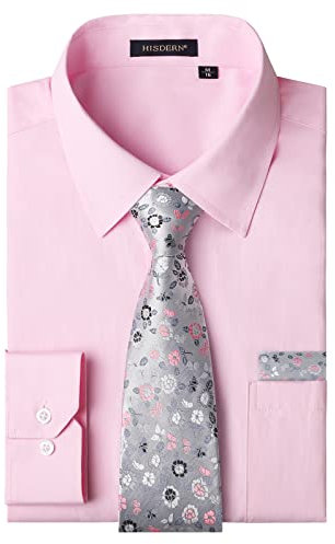 HISDERN Chemise Rose Homme Manches Longues Business Chemises avec Cravate Habillée Chemise Casual Mariage avec Poche Regular XL