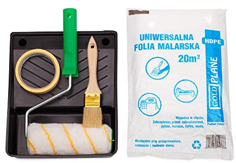 Mivos Maler Set 6-teilig zum Renovieren und Streichen - Farbroller 18 cm - Farbwalzen-Bügel - Malerpinsel 36 mm - Farbwanne 28x23 cm - Abdeckfolie 4x5 m - Malerkreppband - Made in EU
