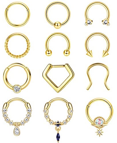 Adramata 12 Stück 16G Nasenpiercing Ring Chirurgenstahl Nasenring Piercing Set Nase Piercing Clicker Septum Ringe CZ Conch Helix Piercing Ohr Silber Gold Nasenpiercing Septum Piercing Schmuck