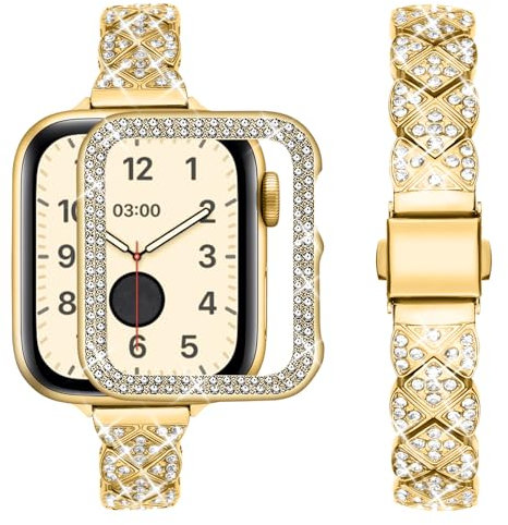 wutwuk Brillante Correa Compatible Apple Watch Mujer 45mm con Diamantes, Correa de Acero Inoxidable Delgada con Funda Protetora para Apple Watch series 9/8/7-Dorada 45mm