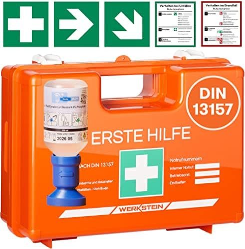 Erste Hilfe Kasten DIN 13157:2021 I Inkl. Augenspülflasche 200ml, praktischer Wandhalterung, 5x Aufkleber & Plombe I Erste Hilfe Koffer für Betriebe, Einrichtungen & Zuhause I Verbandskasten