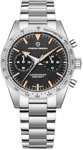 Pagani Design Herrenuhr Chronograph Uhr, Japan VK64 Quarzwerk, 100M wasserdicht, 40mm Gehäuse, leuchtende Sportuhr, alle Edelstahl Vintage Uhr.