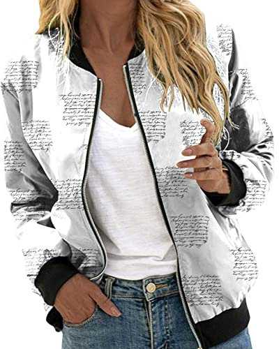 Bomberjacke Damen Blouson Jacke Blau Sweatjacke Bequeme College Jacke Fliegerjacke Casual Sommer Outwear Dünne Bomberjacke Jacket Langarm Blumenmuster Kurzjacke Blusenjacke für Mädchen