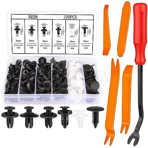 100 Pcs Car Trim Clips & 5 Pack Trim Removal Tools, Universal Auto Trim Removal Tool, 6 Types Car Plastic Mounting Set, Plastic Nylon Rivet Trim Clip Kit for Car Panel Trim & Maintenance