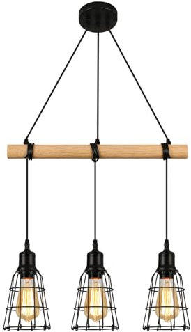 FORCOSO Pendelleuchte Holz 3 Flammig - Hängelampe Holz mit Schwarz Gitter Schirm, E27 Vintage Hängeleuchte Pendelleuchte Esstisch für Wohnzimmer Schlafzimmer Esszimmer Küche - Ohne Glühbirne