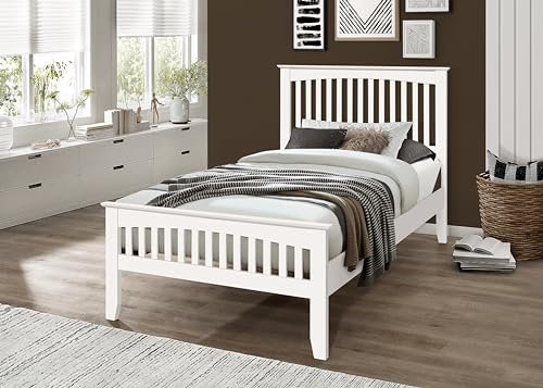 Sareer Furniture Sandhurst Solid Wood Single white Bed Frame Slatted Headboard Modern Classic Style Easy to Assemble and Durable 3ft