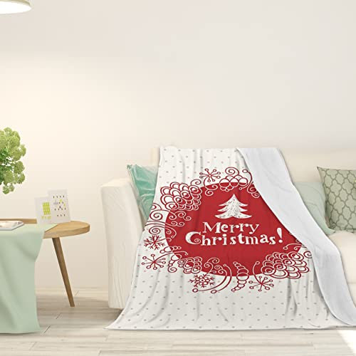 FJAUOQ Weihnachtsthema, verdickte Flanelldecke, Merry Christmas Design mit Doodlest, weiche Kunstfelldecke für Erwachsene, dekorativ für Schlafsofa, rot-weiß, 152,4 x 127 cm