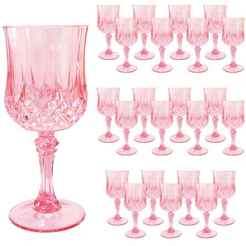 Veiuwa 24 PCS Pink Plastic Wine Glasses,Reusable Plastic Wine Glasses,Pink Goblet Glass,Durable and Sturdy Cups Can Be Used for Various Parties Such as Weddings!