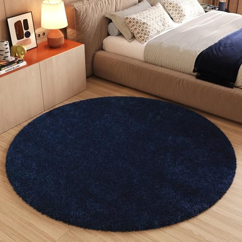TAPISO Essence Teppich Rund Dunkelblau Marineblau Hochflor Langflor Shaggy Einfarbig Schlafzimmer Wohnzimmer Kinderzimmer ÖKO-TEX 120 x 120 cm