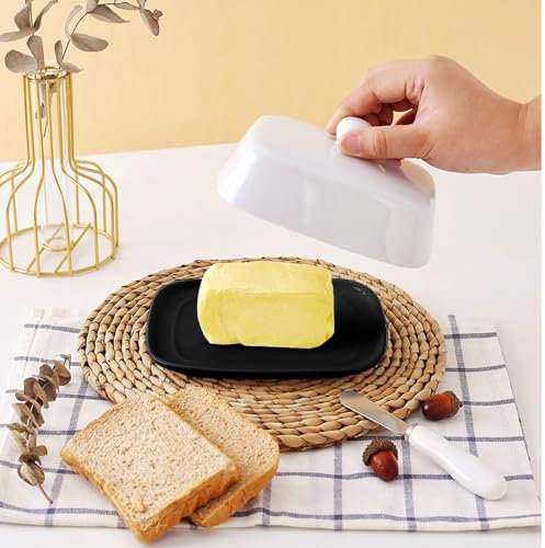 LIMITADA Mantequera de Porcelana 250g, Plato de Mantequilla de Cerámica Negro, Bandeja para Mantequilla con Tapa Blanca, Recipiente para Guardar Mantequilla, Contenedor para Mantequilla-16,5x13,3x8cm