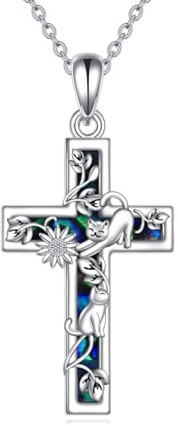 YFN Sonnenblume Kreuz Halskette Sterling Silber Katze Kreuz Anhänger Abalone Shell Schmuck Religiöse christliche Taufe Geschenke für Sie Damen Mädchen
