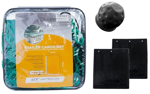 UNITRAILER Kit Accessoires Remorque avec Filet 150x250 cm pour Sécuriser Le Chargement, 2 Bavettes en Caoutchouc 22x24 cm et Cache-Boule AL-KO Contre la Corrosion