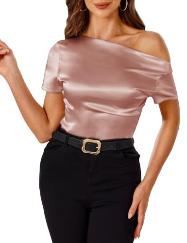 VIDUSSA Top da donna con spalle scoperte - Camicetta in raso di seta elegante casual a maniche corte increspate asimmetriche camicie estive
