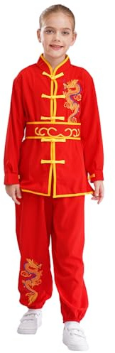 renvena Unisex Bambino Kung Fu Tai Chi Uniforme Abbigliamento per Arti Marziali Maniche Lunghe 2 Pezzi Costume Tradizionale Cinese Wushu Qigong Shaolin Rosso 13-14 anni