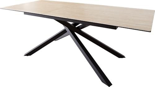 DELIFE Esszimmertisch Edge Keramik Travertin Natur 180-220x100 Kreuzgestell Rechteck Schwarz ausziehbar