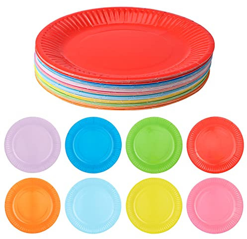 Halinuia Assiettes en papier colorées de 7 pouces, 40 paquets d'assiettes rondes classiques de couleurs assorties pour toutes les occasions, fournitures de fête d'anniversaire(7inch)