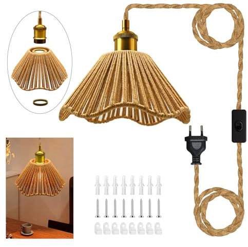 Industrielle Hängelampe mit Stecker,Retro Hanf Seil Pendelleuchten mit 16.7Ft Schalter Kabel,Vintage Lampenfassung E27 mit Kabel, Rustikale Plug In Deckenleuchte mit Gewebten Lampenschirm,Für Balkon