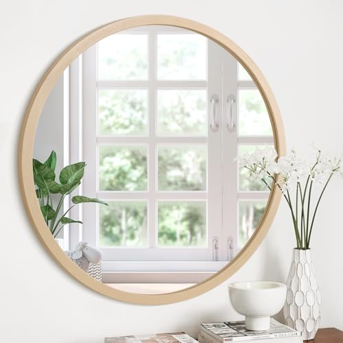 JJUUYOU Round Wall Mirror with Wood Frame 23 Inch Retro Round Mirror Hanging Mirrors for Wall Decorative Bedroom Bathroom Living Room Gold