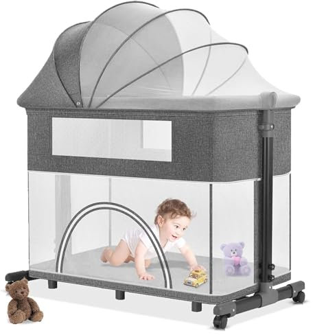 Mixtric Babywiege, Tragbare Wiege, Atmungsaktives Babybett, 3-In-1-Babybettchen, Verstellbares, Tragbares Bett Mit Netz, Babywiege Mit Wickelfunktion,Grau