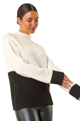 Roman Colour Block Funnel Neck Knit Jumper for Women UK - Ladies Autumn Everyday Winter Holiday Long Sleeve Soft Warm Feel Comfy Two Tone Top Office Desk Sweaters - Ivory - Size 20