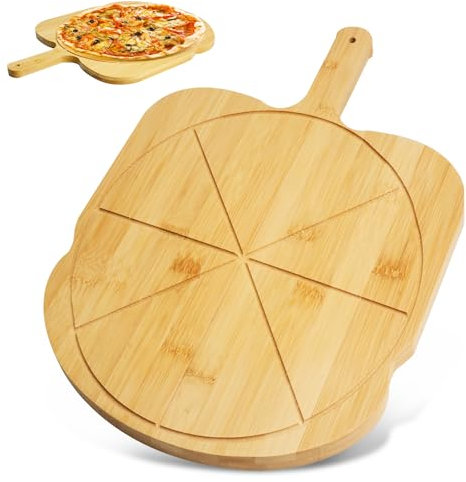 HMIEPRS Pala de Pizza, Tabla de Pizza de Bambú con Mango, Tabla Antiadherente de Cortar Pizza, Bandeja Madera Aperitivos para Servir Pan Fruta Queso Tarta Carne (27x35 cm)