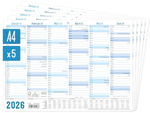 Häfft® 5 x Tafelkalender 2026 A4 quer Blau - Jahresplaner, Wandkalender, Jahreskalender inkl. Kleine Übersicht Folgejahr, Feiertage & Ferienübersicht - nachhaltig & klimafreundlich