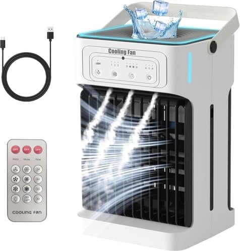 YFFU Condizionatore Portatile con Telecomando,1100ml Doppio Motore e Ventola Mini Climatizzatore,Timer 2-8, 3 velocità 3 Nebulizzazione,Ventilatore Aria Fredda per Casa Ufficio,Argento Bianca