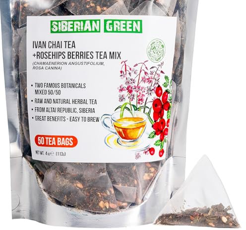 Siberian Green Ivan Chai Tea e bacche di rosa canina – Confezione da 50 bustine di tè naturale miscela di tè naturale crudo alle erbe e rosa canina