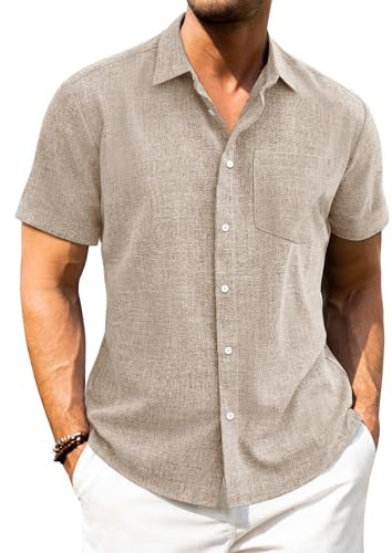 J.VER Mens Linen Shirts Short Sleeve Champagne Summer Regular Fit Beach Holiday Casual Button Down Shirt XL