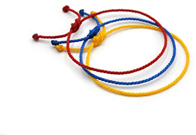 X3 Pulseras Mix Azul Amarillo y Rojo Trenzadas con Hilo Cerado. Cuerda fina de 2 mm. Simple, Ajustable, Unisex y Resistente al Agua. Color Bandera Colombia/Rumania/Ecuador. Hecho a mano en Francia Ref