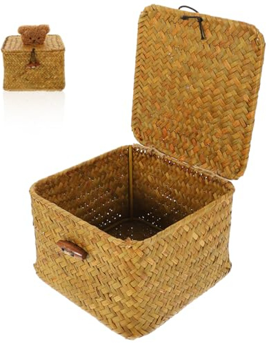 HOOTNEE Seegras Aufbewahrungskorb Mit Deckel Geflochtener Korb Für Schreibtisch Und Kommode Organizer Für Snacks Süßigkeiten Obst Bücher Und Spielzeug 5.51X5.51X3.94in