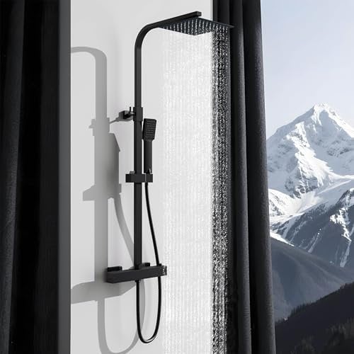 Sky Ensemble mitigeur de douche thermostatique pour salle de bain | Douche à effet pluie de 20,3 cm et pommeau à main | Mitigeur de douche mural noir mat | Kit de rail coulissant réglable en acier