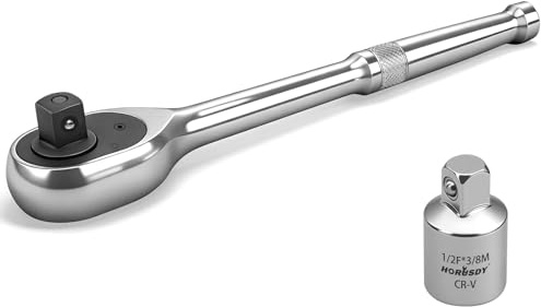 HORUSDY 1/2 Drive 90T Quick-Release Ratchet Handle, Reversible Chrome Alloy Socket Wrench with 1/2 to 3/8 Adapter, Durable and Comfortable for Automotive, DIY, Industrial and Bicycle Repairs