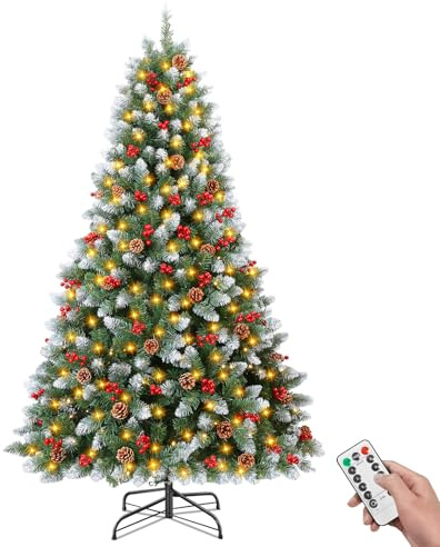 Rollingsurfer Künstlicher Vorgefertigter Weihnachtsbaum 180CM mit Fernbedienung, 847 Zweigspitzen, 300 LED-Lichtern, 52 Tannenzapfen, 52 roten Beeren für Zuhause, Party und Feiertagsdekoration