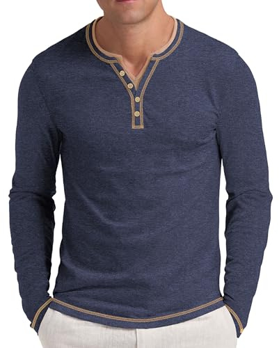 NITAGUT Henley T-Shirts for Men Long Sleeve V-Neck Casual Shirts Soft Washed Lightweight Tees Classic Fashion Tops Color Lines,Navy Blue,XL