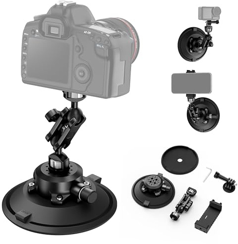 CAMEDAFLX 6 Camera Suction Cup Mount with Ball Head Magic Arm,Quick Release Metal Vacuum Suction Cup Mount Car Windshield Dash Mount for Action Camera/Phone Holders with 1/4,1/8 Holes(Black)