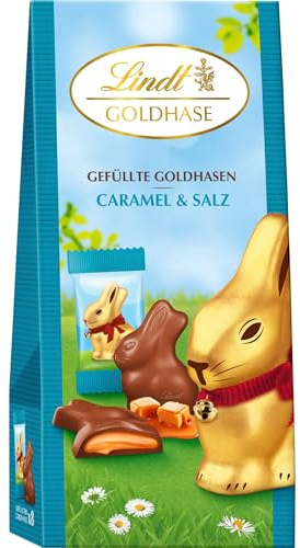 Lindt Schokolade Gefüllte Goldhasen | 80g | Vollmilch Schokolade in Hasenform gefüllt mit Caramel & Salz | Osterschokolade | Schokoladenhase