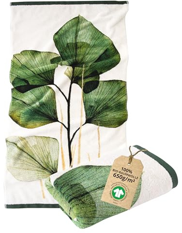 ZWOLTEX - Handtücher Premium Art Design - Green Leaf, Groß Bedrucktes Handtuch 50x100 cm, Badehandtuch aus 100% Organic Baumwolle 650g mit GOTS-Zertifikat, Weich und Saugfähig Towel