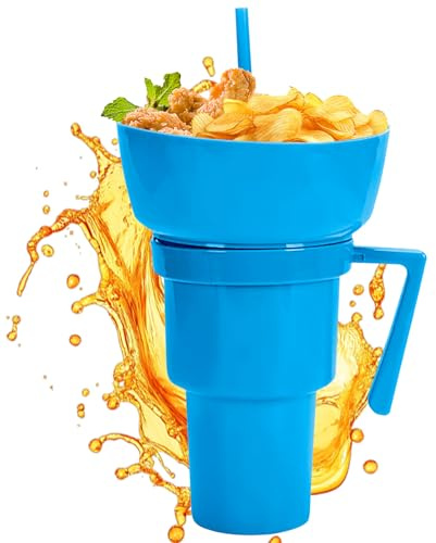 Cup and Bowl Combo,2-in-1 Reusable Snack Bowl Drink Cup with Straw - Beverage Food Container for Travel Milk Tea Juice Candy Chips Popcorn Fruit School Camping Beach
