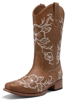 DREAM PAIRS Women's Cowboy Boots Square Toe Embroidered | Floral embroidery, 1,37 heel, smooth lining, pull tabs, easy-clean