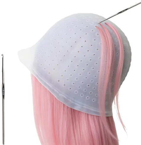 Silicone Highlighting Cap with Pre Drilled Holes, Reusable Professional Unisex Hair Streaking Cap with Hair Picking Hook for Hair Coloring Dyeing Staining, Salon and Home Use (White, 1 Pcs)