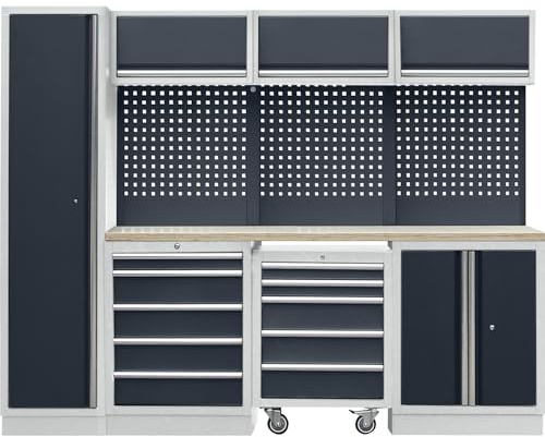 kaiserkraft | Werkstattschranksystem mit Flügeltür-Hochschrank | Schubladen-Rollwagen | BxT 2606 x 460 mm | lichtGrau/AnthrazitGrau