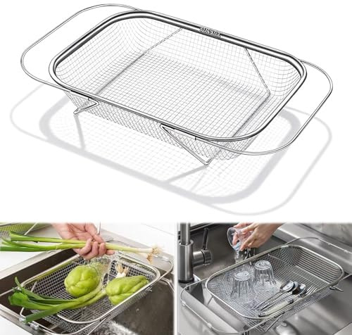 DBAILY Colador para fregadero, extensible de acero inoxidable, 33 – 44 cm, cesta colador para fregadero, colador, escurridor, enjuague de frutas y verduras
