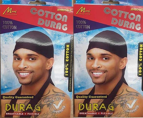 Murry Collection 100% Cotton Durag Breathable & Flexible Black #M4801BLK (2 pcs)